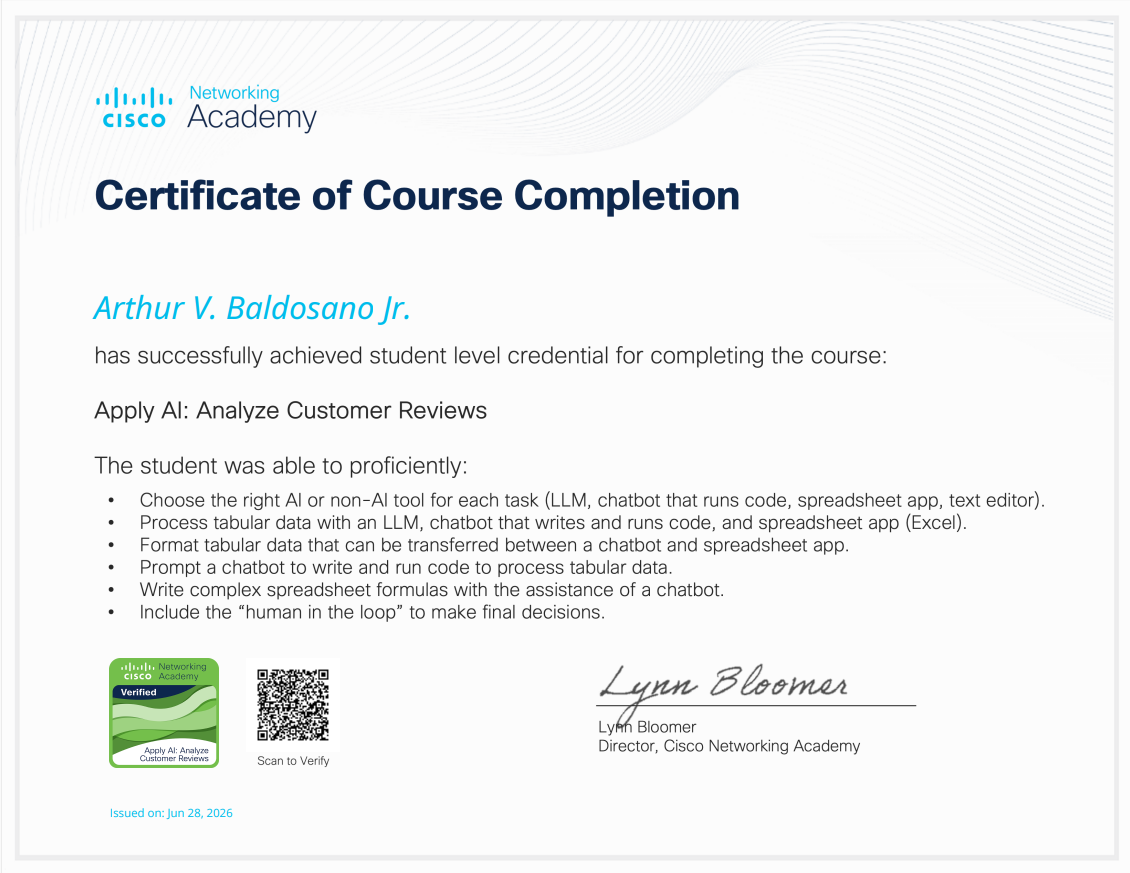 Apply AI: Analyze Customer Reviews Certificate