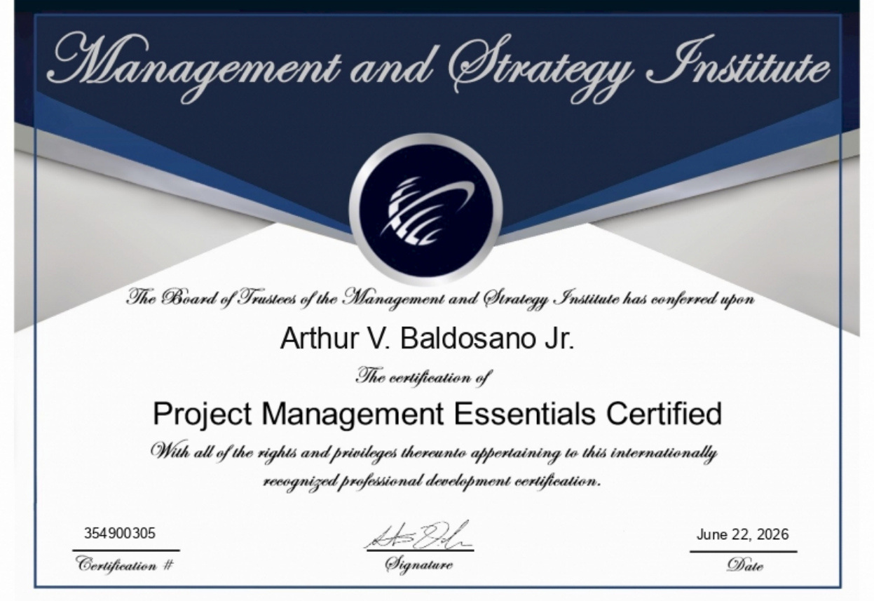 Project Management Essentials Certified Certificate