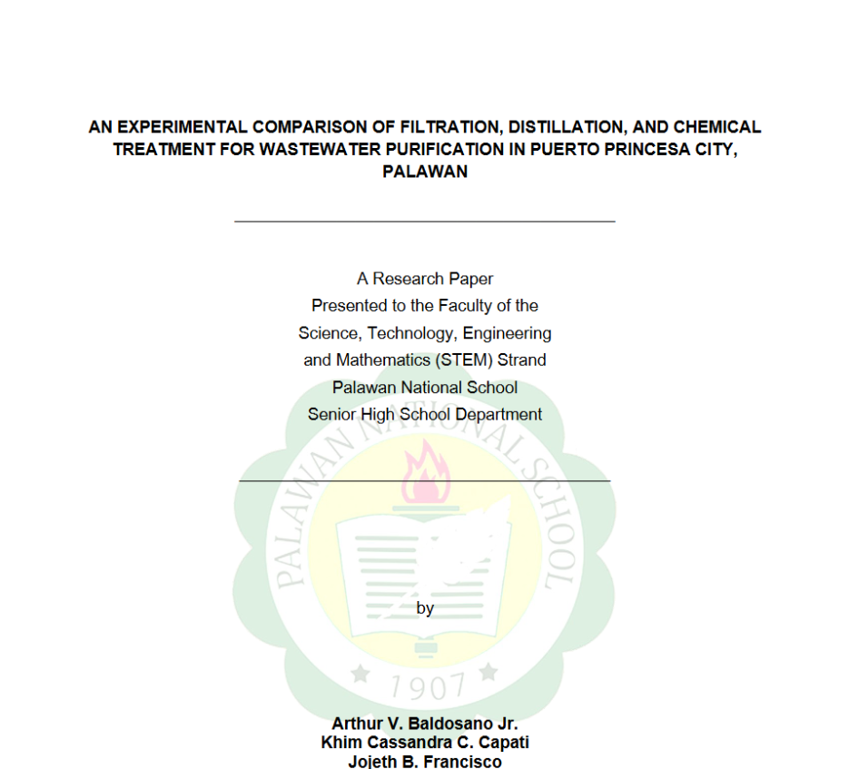 An Experimental Comparison of Filtration, Distillation, and Chemical Treatment for Wastewater Purification in Puerto Princesa City, Palawan